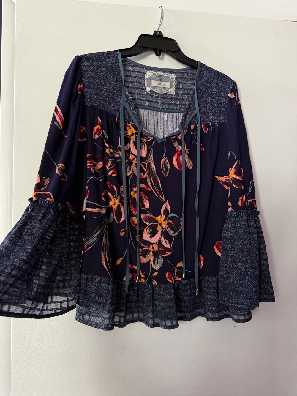 Cupio Navy Floral Peasant Blouse with Tie Front